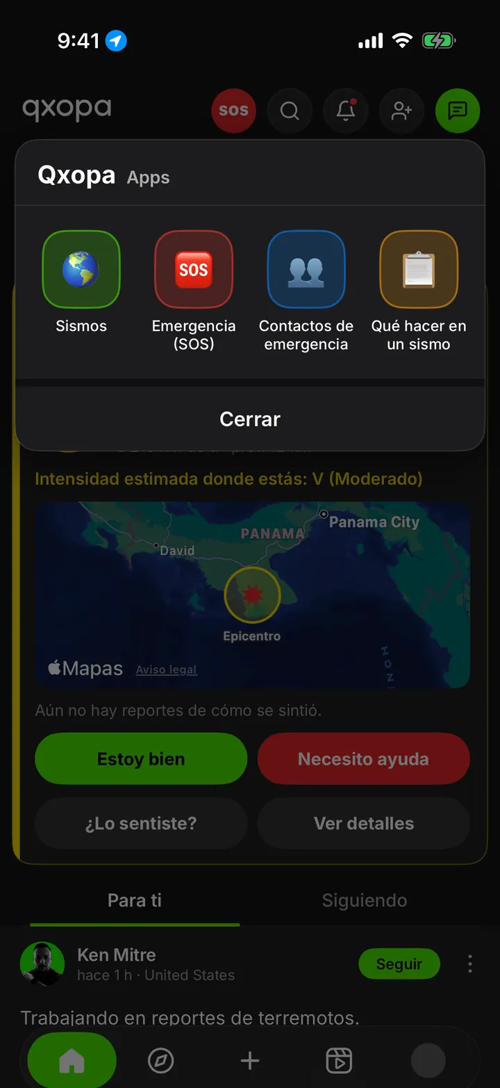 Menú de apps de qxopa que se abre desde el logo, con Sismos, Emergencia (SOS), Contactos de emergencia y Qué hacer en un sismo