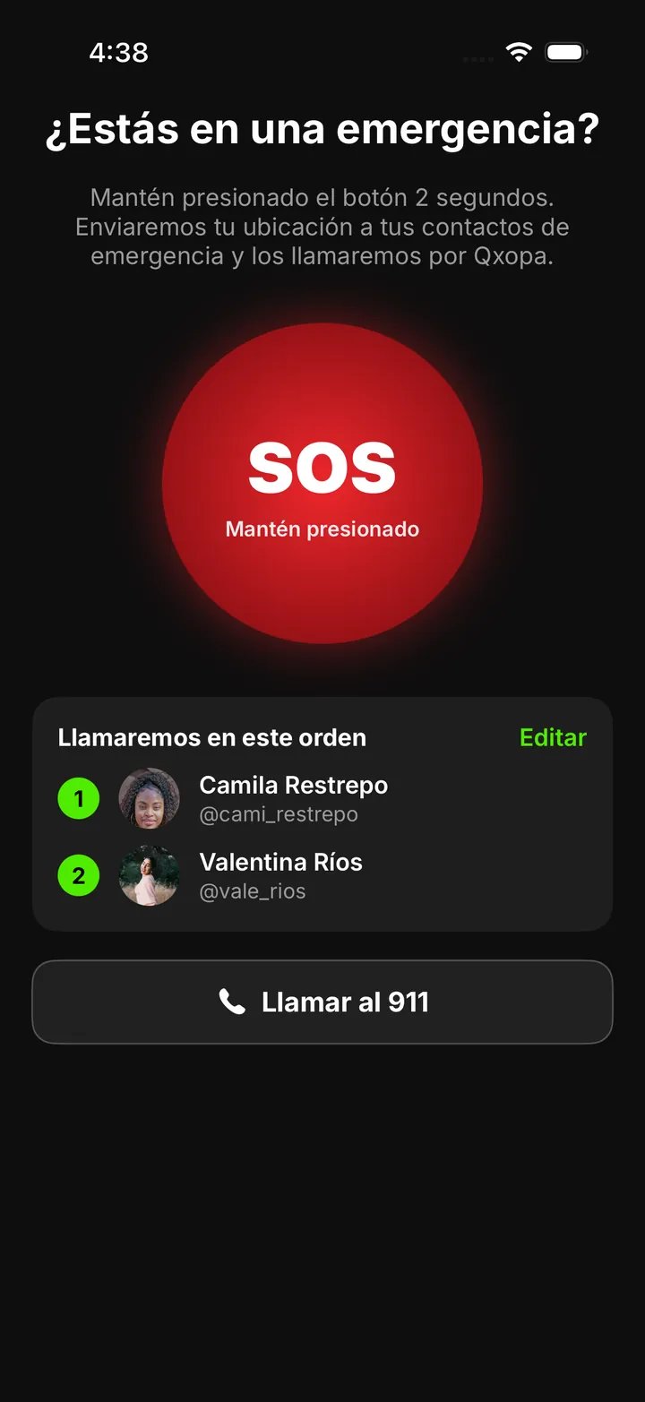 Pantalla de Emergencia de qxopa con el botón SOS para mantener presionado y la lista de contactos a los que se llamará en orden